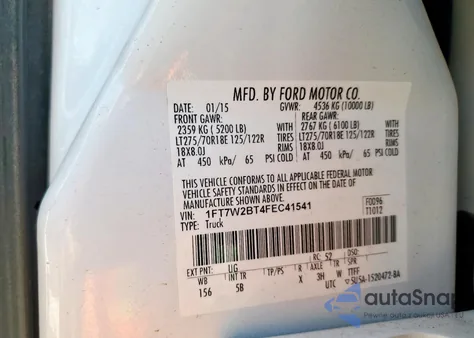 2015 Ford F250 Super Duty from USA, damaged, VIN 1FT7W2BT4FEC41541